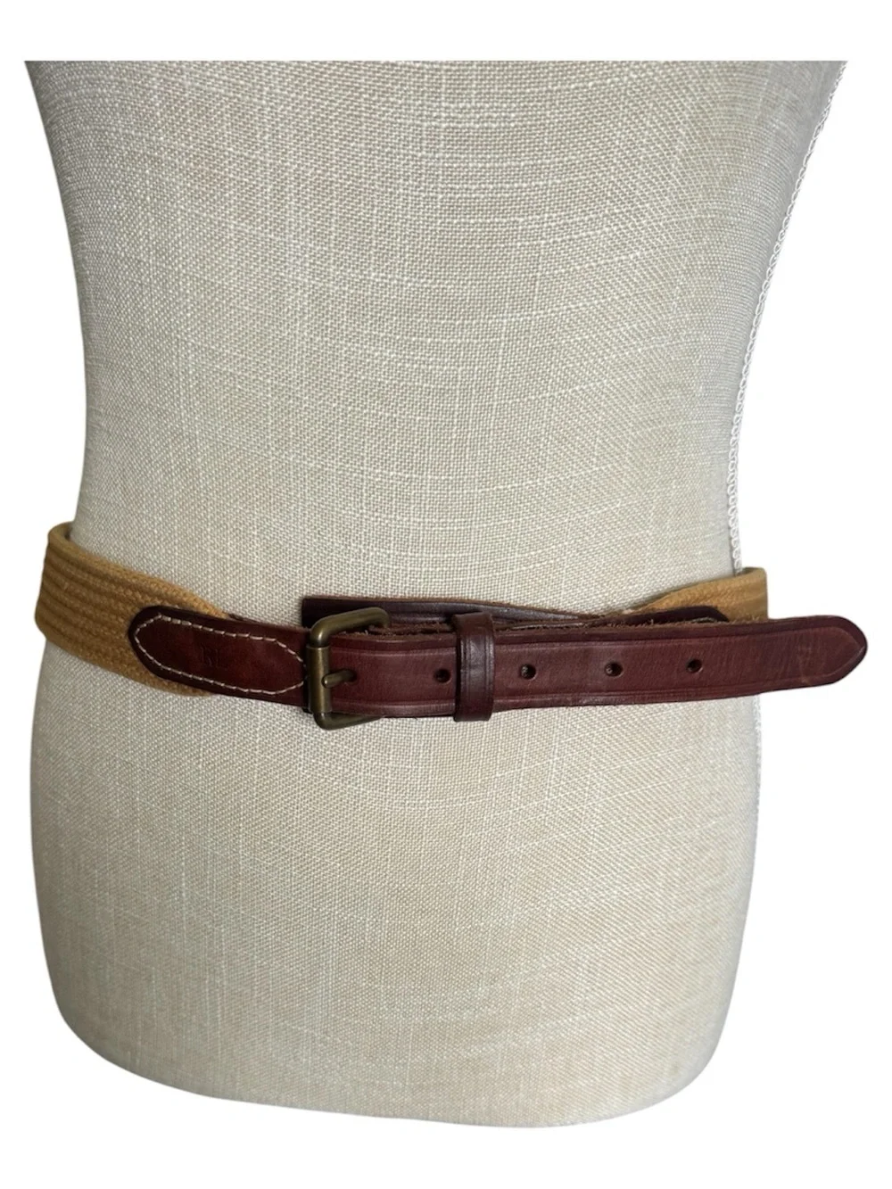 Polo Ralph Lauren Mens Vintage Brown Leather Tan Stretch Belt Size 34/85 RL Logo